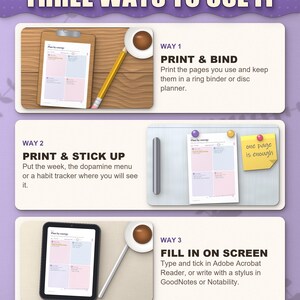 Three ways to use the planner: print and bind, stick up, fill in on a tablet