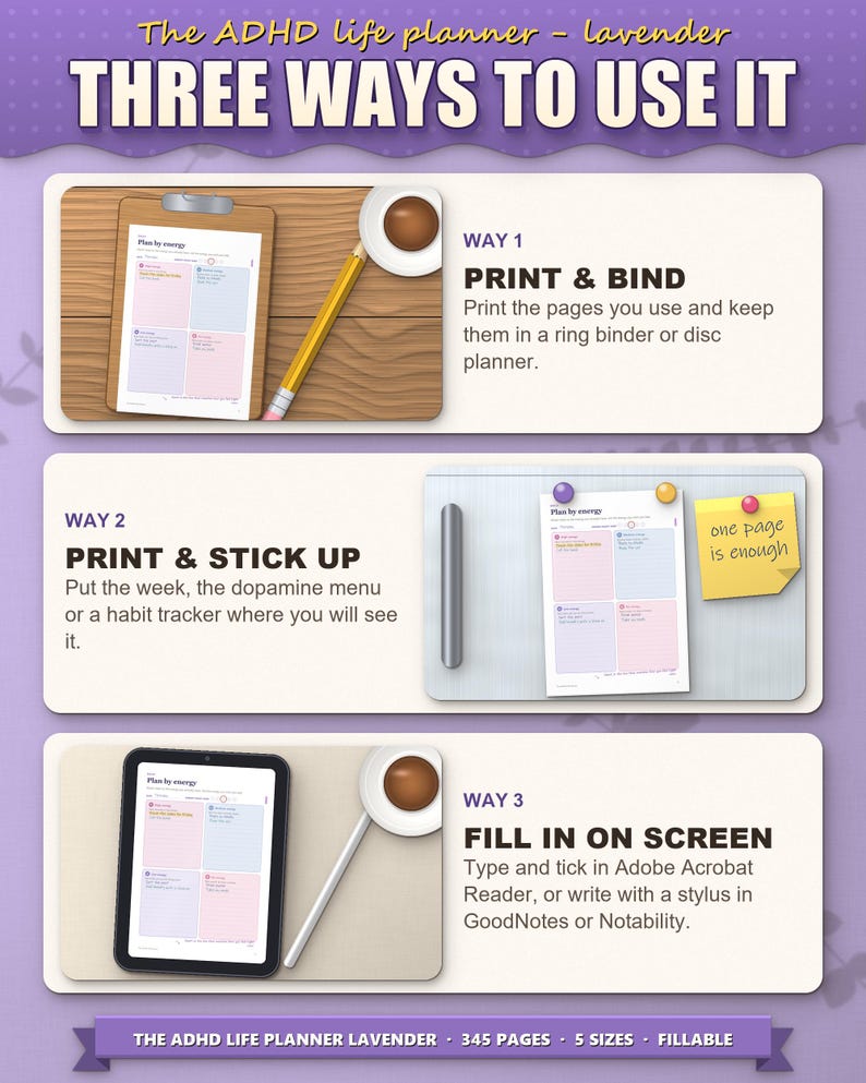 Three ways to use the planner: print and bind, stick up, fill in on a tablet