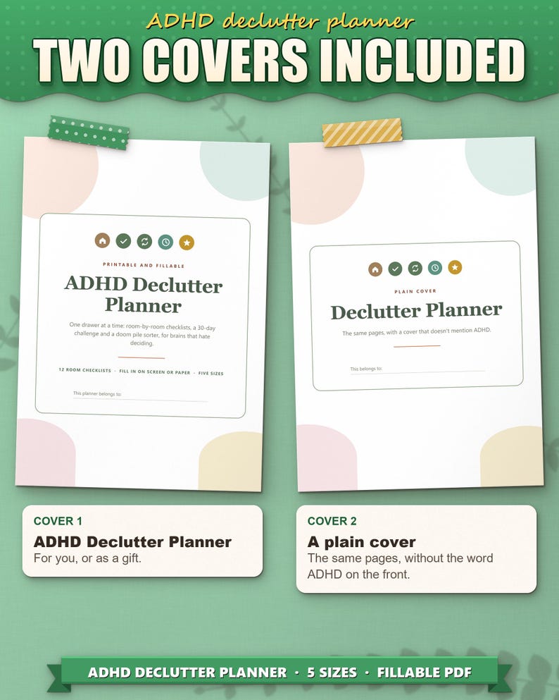 Two covers included: ADHD Declutter Planner cover and a plain cover without the word ADHD
