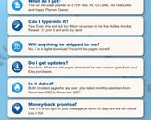 Frequently asked questions: what you get, typing into the PDF, no shipping, free updates, dated and undated, money back, sharing