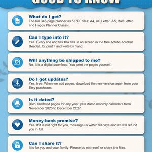 Frequently asked questions: what you get, typing into the PDF, no shipping, free updates, dated and undated, money back, sharing