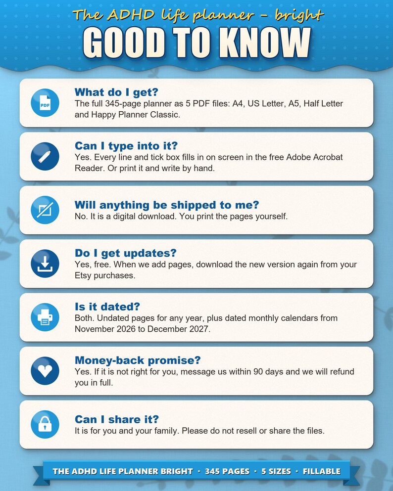 Frequently asked questions: what you get, typing into the PDF, no shipping, free updates, dated and undated, money back, sharing