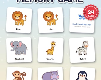 Juego de memoria del Arca de Noé para imprimir, tarjetas bíblicas para emparejar para niños, 24 pares, actividad para la escuela dominical, PDF para niños pequeños y preescolares