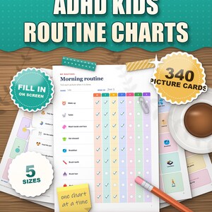 ADHD Kids Routine Chart Bundle, Visual Schedule Picture Cards, Chore Chart, Reward Chart, Feelings Chart, Printable Fillable PDF Ages 4-12