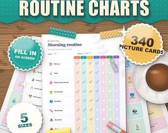 ADHD Kids Routine Chart Bundle, Visual Schedule Picture Cards, Chore Chart, Reward Chart, Feelings Chart, Printable Fillable PDF Ages 4-12