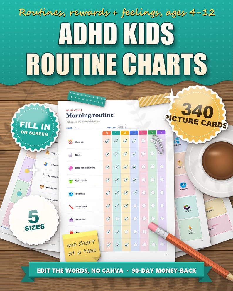 ADHD kids routine charts printable, morning routine picture chart, 340 picture cards, fill in on screen, 5 sizes