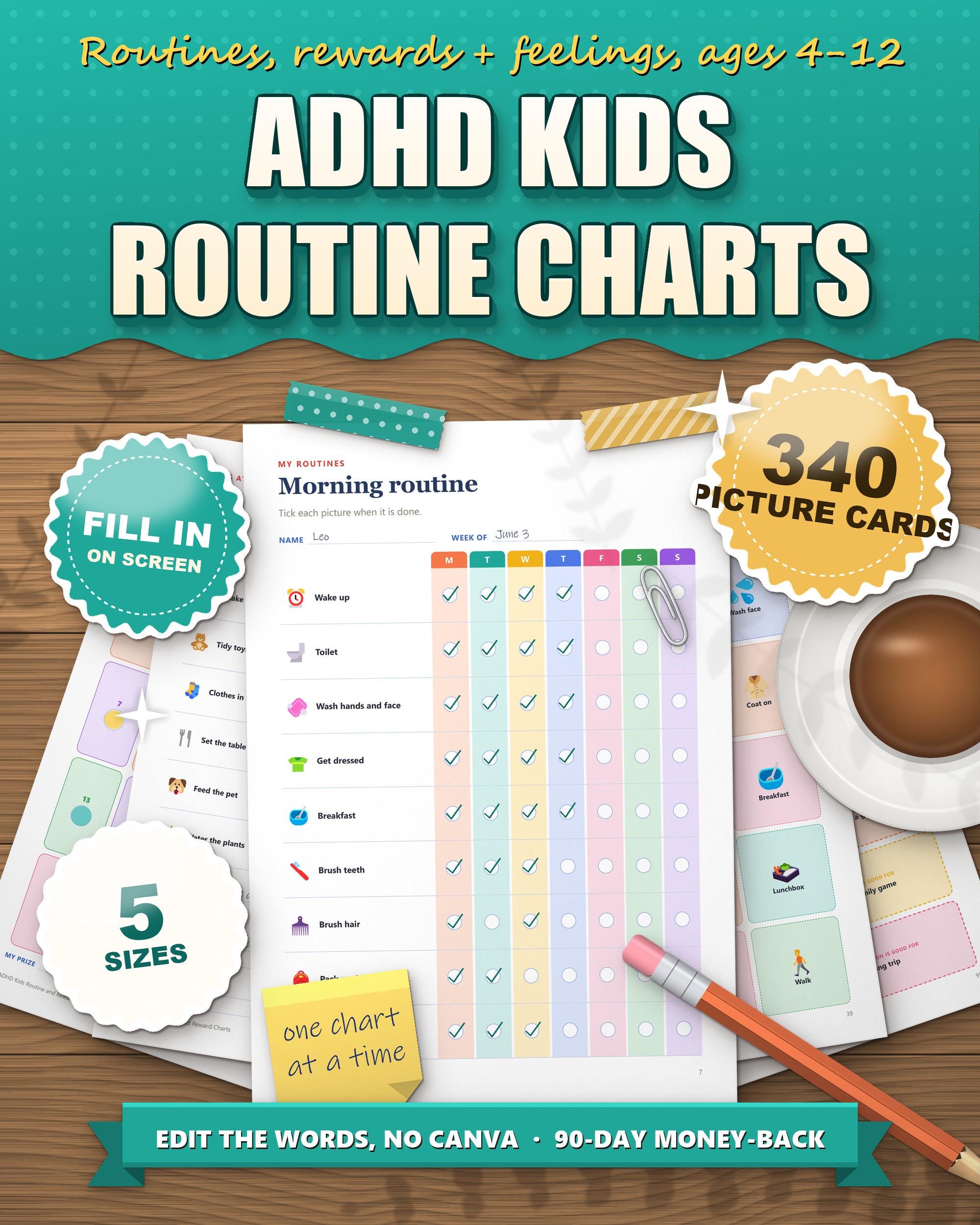 ADHD kids routine charts printable, morning routine picture chart, 340 picture cards, fill in on screen, 5 sizes
