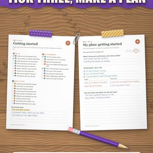 Getting started strategy page with three ticked ideas and a filled-in when-then plan page