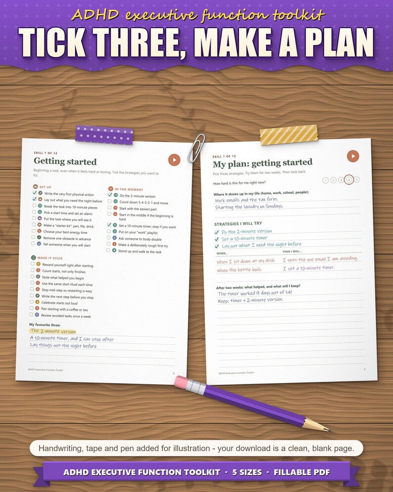 Getting started strategy page with three ticked ideas and a filled-in when-then plan page