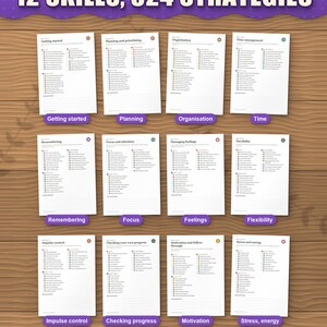 Twelve strategy pages, one per executive function skill, 27 strategies each