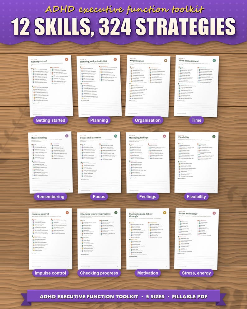 Twelve strategy pages, one per executive function skill, 27 strategies each