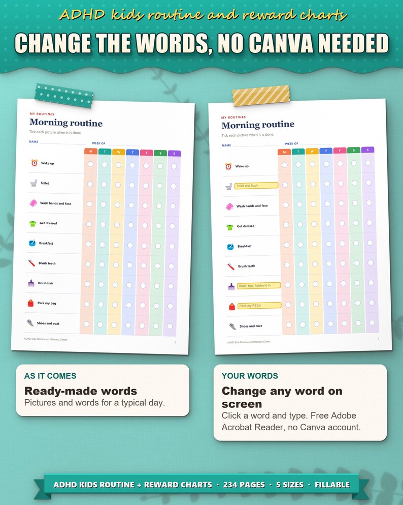 Change the words on screen, no Canva needed: the morning routine chart as it comes and with your own words typed in
