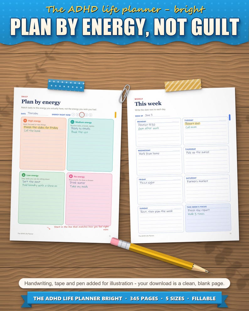 Plan by energy daily page and weekly page filled in by hand