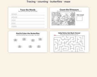 Pacchetto di attività stampabili "Rufus e i dinosauri amichevoli", schede didattiche (download digitale) Età 5-7