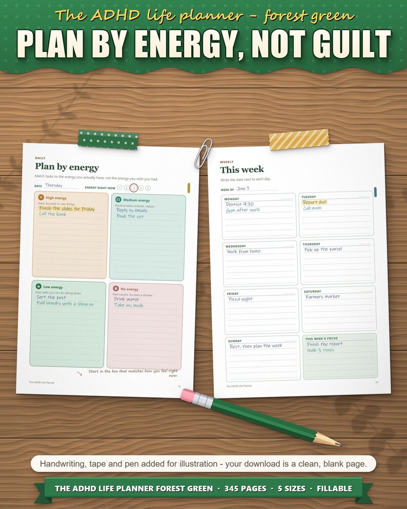 Plan by energy daily page and weekly page filled in by hand