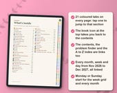 Contents page on a tablet: 21 coloured tabs on every page and a book icon back to the contents