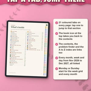 Contents page on a tablet: 21 coloured tabs on every page and a book icon back to the contents