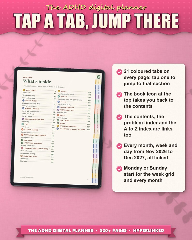 Contents page on a tablet: 21 coloured tabs on every page and a book icon back to the contents