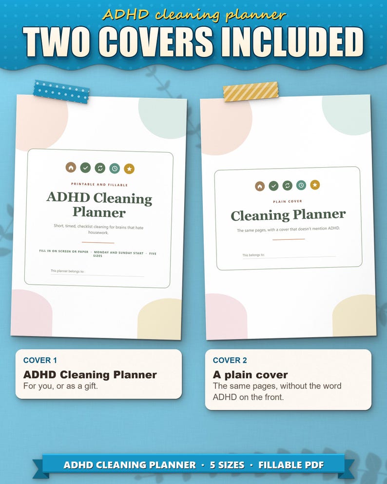 Two covers included: ADHD Cleaning Planner cover and a plain cover without the word ADHD