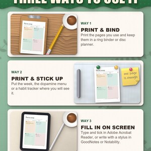 Three ways to use the planner: print and bind, stick up, fill in on a tablet