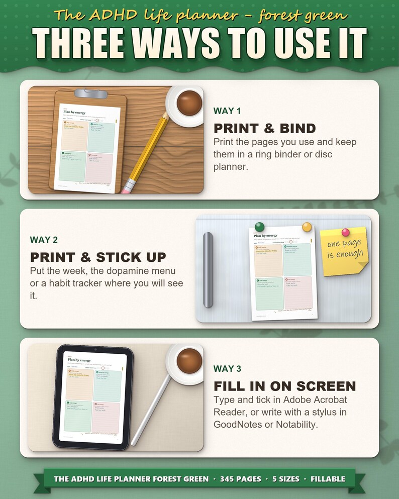 Three ways to use the planner: print and bind, stick up, fill in on a tablet
