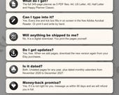 Frequently asked questions: what you get, typing into the PDF, no shipping, free updates, dated and undated, money back, sharing