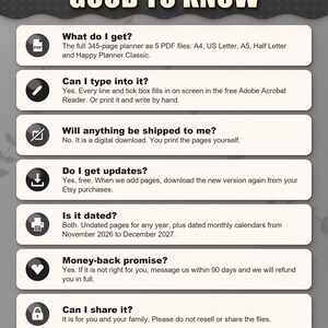 Frequently asked questions: what you get, typing into the PDF, no shipping, free updates, dated and undated, money back, sharing