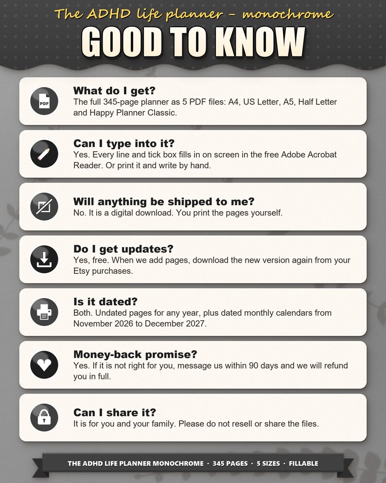 Frequently asked questions: what you get, typing into the PDF, no shipping, free updates, dated and undated, money back, sharing