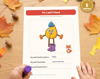 Op de afbeelding: Een printbaar activiteitenblad getiteld Leaf Friends Fall Craft met een cartoon geel bladfiguur met een blauwe muts en paarse laarzen, met lijnen om de naam, voorkeuren en woonplaats van de blad-vriend in te vullen, plus een kleine vos.