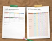 Weekly declutter planner and family declutter chart filled in for a family of four