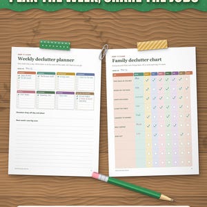 Weekly declutter planner and family declutter chart filled in for a family of four