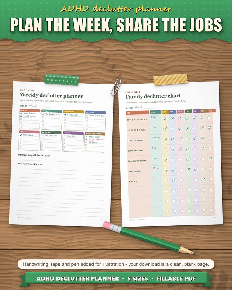 Weekly declutter planner and family declutter chart filled in for a family of four