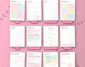 Twelve of the 21 sections of the ADHD life planner, from daily pages to money