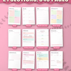 Twelve of the 21 sections of the ADHD life planner, from daily pages to money