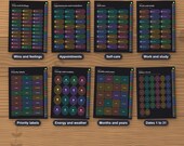 Eight of the 19 sticker pages: wins, appointments, self-care, work, priority labels, energy and weather, months, dates