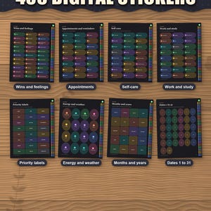 Eight of the 19 sticker pages: wins, appointments, self-care, work, priority labels, energy and weather, months, dates