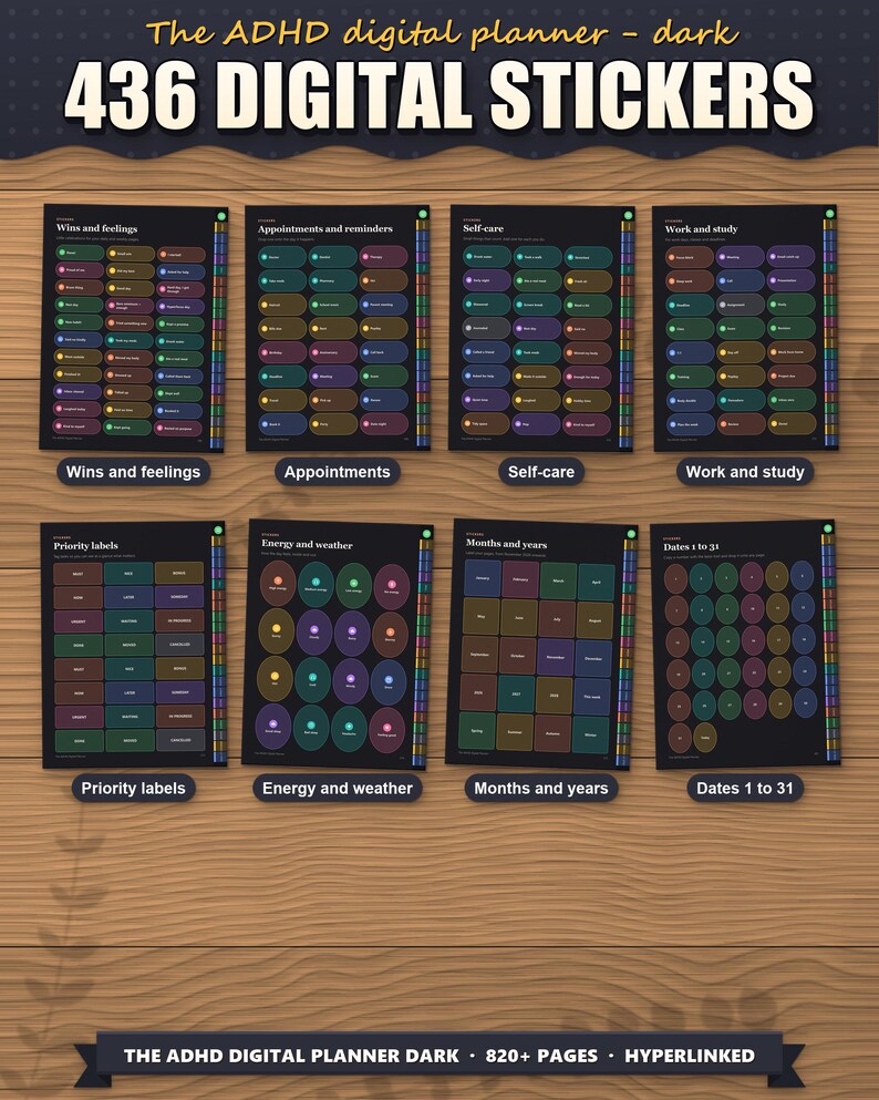 Eight of the 19 sticker pages: wins, appointments, self-care, work, priority labels, energy and weather, months, dates