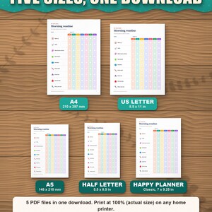 The charts in five paper sizes shown to scale: A4, US Letter, A5, Half Letter and Happy Planner Classic
