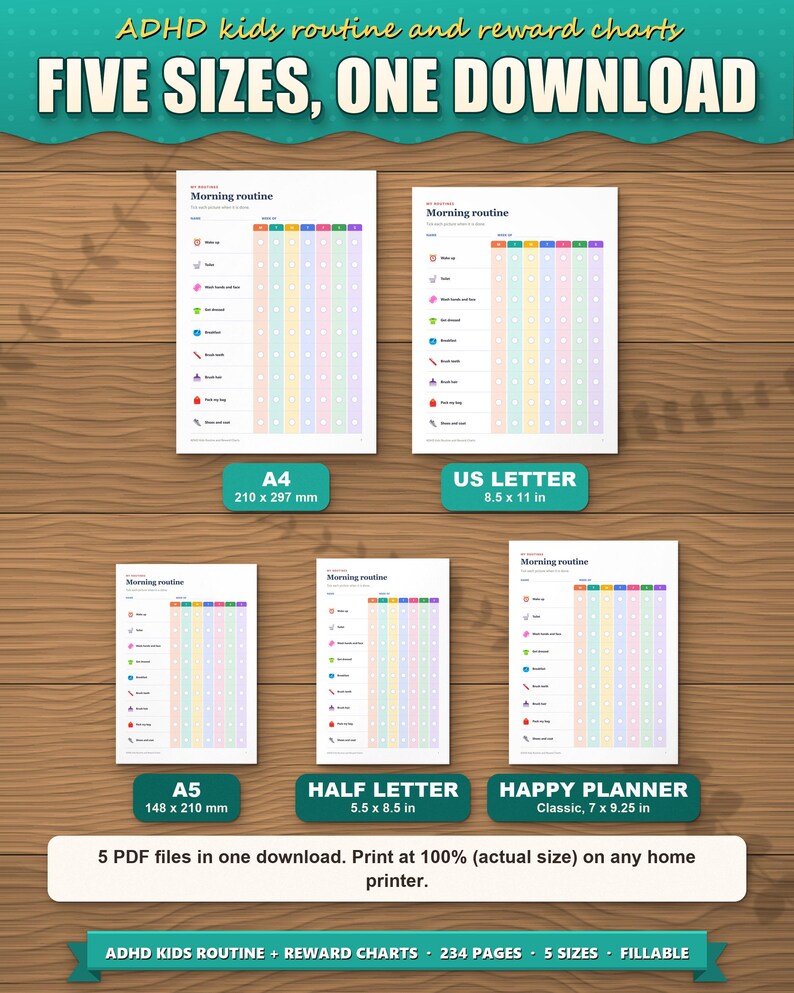 The charts in five paper sizes shown to scale: A4, US Letter, A5, Half Letter and Happy Planner Classic