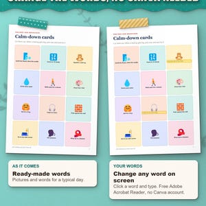 Change the words on screen, no Canva needed: calm-down cards as they come and with your child's own ideas typed in
