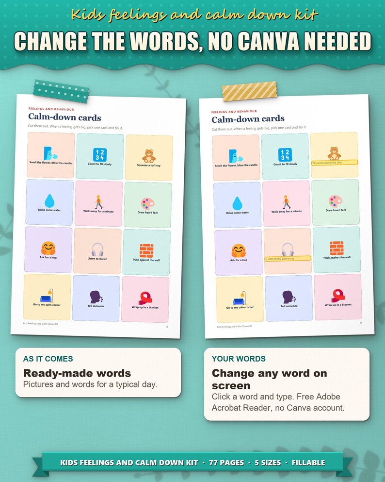 Change the words on screen, no Canva needed: calm-down cards as they come and with your child's own ideas typed in