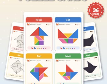 Tarjetas de rompecabezas Tangram imprimibles, 36 tarjetas, 12 imágenes, 3 niveles, rompecabezas de formas para niños, motricidad fina preescolar, carpeta de actividades en PDF