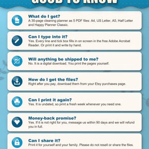Frequently asked questions: what you get, typing into the PDF, no shipping, download, printing again, money back, sharing