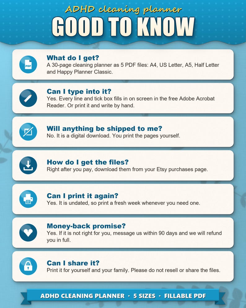Frequently asked questions: what you get, typing into the PDF, no shipping, download, printing again, money back, sharing
