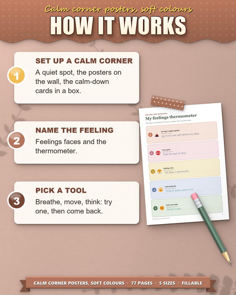 How it works: set up a calm corner, name the feeling, pick a tool
