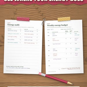 Energy audit and weekly energy budget pages filled in by hand, with spoons planned and used per day