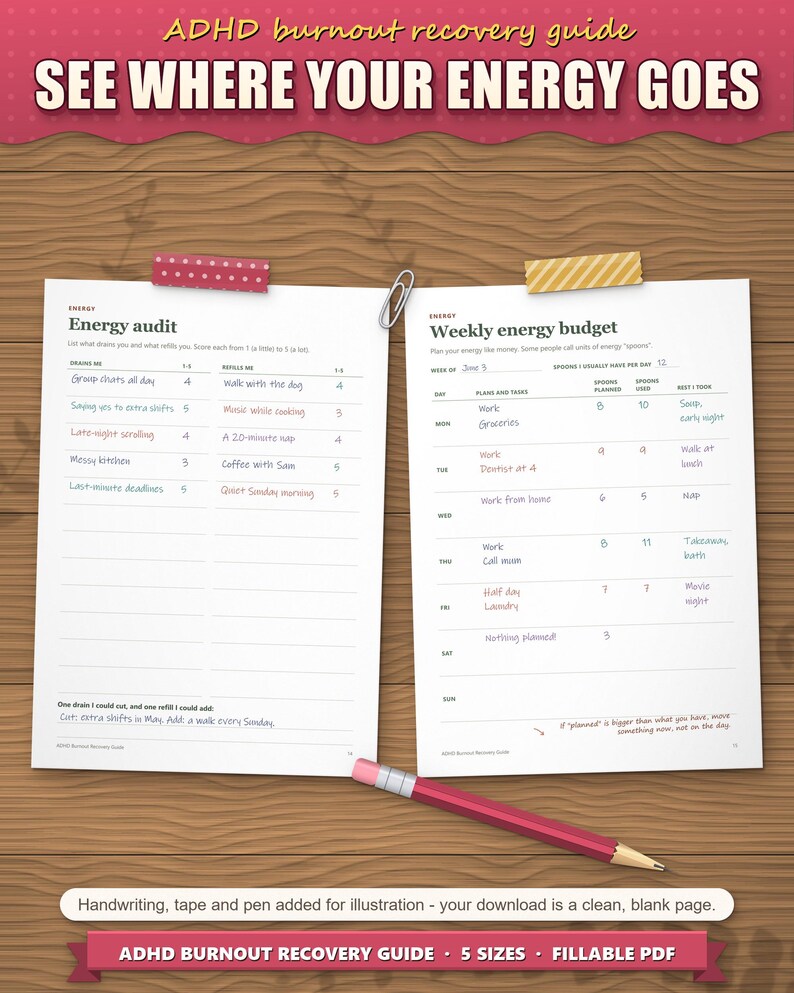 Energy audit and weekly energy budget pages filled in by hand, with spoons planned and used per day
