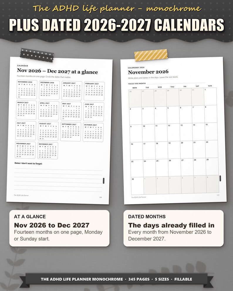 Dated calendar: November 2026 to December 2027 on one page, and a dated month page