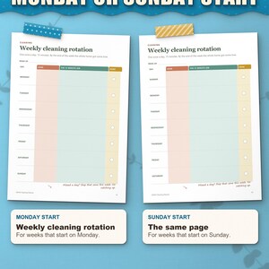Weekly cleaning rotation in Monday start and Sunday start versions