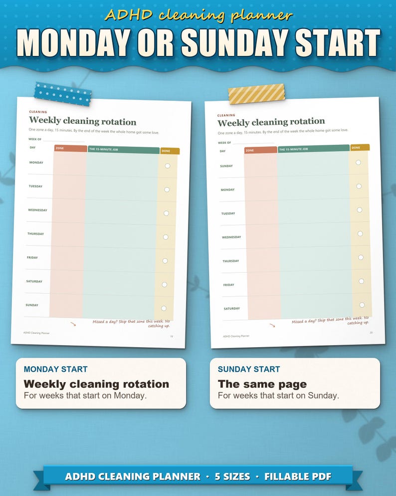 Weekly cleaning rotation in Monday start and Sunday start versions
